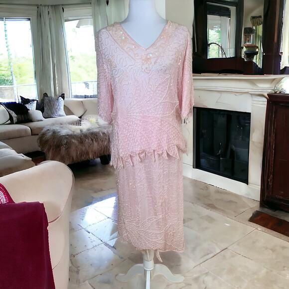 Vintage Cache Size 8 Pure Silk Beaded Skirt Set Pink Formal 2 Piece Dress - Picture 1 of 10